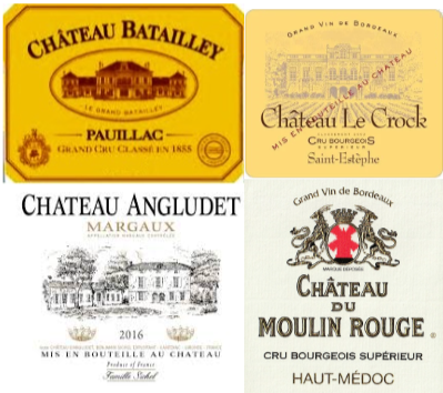 Four different wine labels from Château Batailley, Château Le Crock, Château Angludet, and Château du Moulin Rouge.